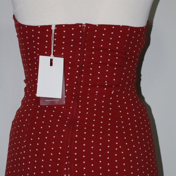 C/MEO Collective | CMEO Collective Strapless Polka Dot Ruffle Midi Dress in Red - Picture 4 of 5